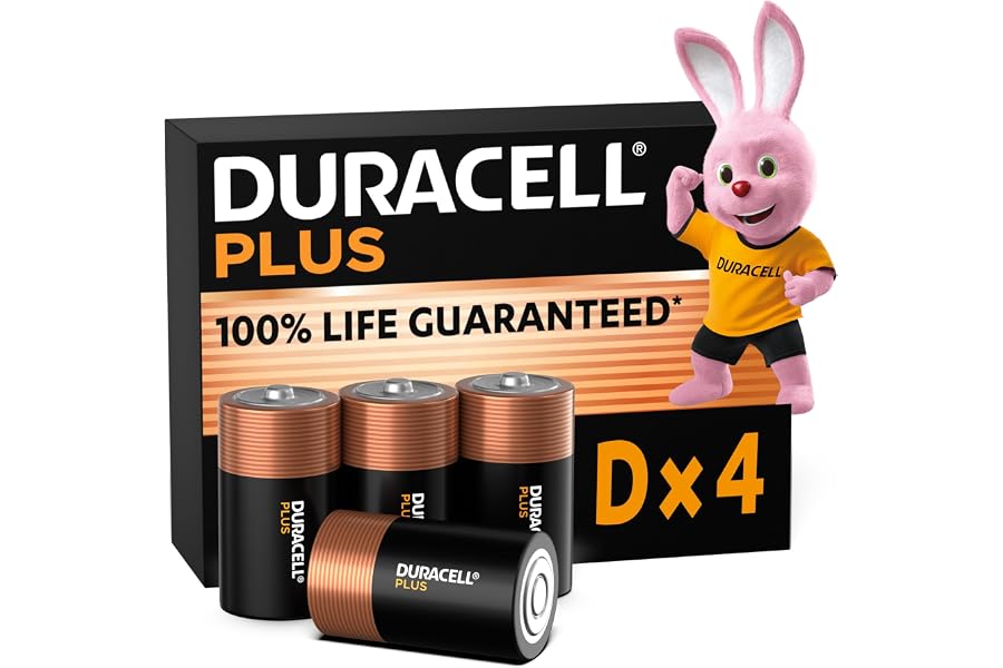 Duracell Plus pilas D (pack de 4) - Alcalinas 1,5 V - 100 % de duración garantizada - Fiabilidad para dispositivos cotidianos