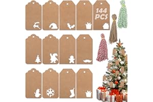 GeeRic 144 étiquettes Cadeaux de Noël avec Ficelle, étiquettes Cadeaux de Noël en 12 Modèles Assortis pour Emballer d'hiver en Papier Kraft