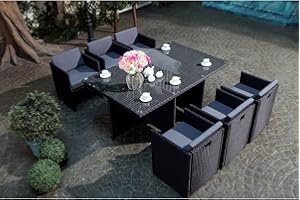 CONCEPT USINE | Salon de Jardin Encastrable Résine Tressée 6 Personnes | Miami | Résine Noir Coussins Gris | Table Plateau de Verre Amovible + 6 Fauteuils | Coussins Déhoussables | Résiste à l'eau