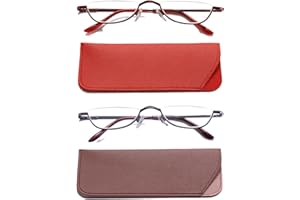Hubeye 2 Pairs Half Moon Reading Glasses for Women and Men Metal Slim Half Frame Lens Ultra Thin Readers with Spring Hinges and Leather case 2.00