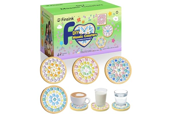 Finsink 4 Kit Mosaïque Adulte DIY Bois Dessous de Verre en Mosaïque Kit Loisirs Créatif Convient comme cadeau d'anniversaire pour les enfants de 5 ans et plus