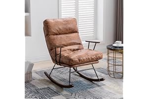 WAHSON OFFICE CHAIRS Wahson nowoczesny fotel bujany ze skóry PU z grubą wyściełaną poduszką i drewnianymi nogami, do wypoczynku, do pokoju dziecięcego, salonu, brązowy