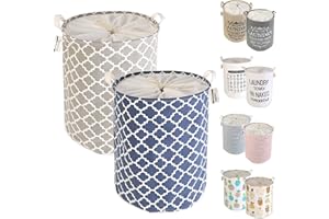 LessMo 2PCS 17.7" con Coulisse Portabiancheria Bagagli Sorter, Pieghevole Pop-Up Lavanderia Cesti, Impermeabile Rotonda Cotone Lino (Blu/Grigio Addensato 17.7" / Medio)