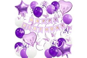 UOMYLEIR Purple Birthday Decorations, Purple Happy Birthday Banner for Girls, Lilac Banners Bunting and Star Lavender Banner Balloons Butterfly Party Decorations for Girls Women
