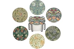 WWOOPLL William Morris Drink Coasters Set of 6, Vintage Botanical Floral Garden Absorbent Round Ceramic Stone Mat Coaster, with Cork Base and Metal Holder, Anti-Slip Cork Bottom for Mugs and Glasses