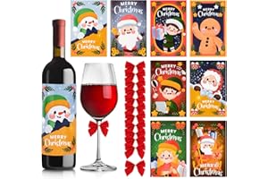 BOFUNX 8pcs Etiquetas Adhesivas Navidad para Botella de Vino Champán Agua Pegatinas Autoadhesiva Navideña+12pcs Lazo Regalo Decoración Fiesta Navidad
