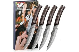 SYOKAMI Steak Knives Set of 4, 4.8 Inch High-Carbon Japanese Stainless Steel Non-Serrated Meat Knife with Wood Handle, Damascus Pattern Full Tang Design, Razor-Sharp Dinner Knives with Gift Box
