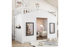 ‎JOVIFY Kinderbett Etagenbett 90x200, Hausbett Hochbett mit Fenster & Regal, Bettgestell mit Rausfallschutz und Lattenrost, Funktionsbett Stockbett Spielbett Jugendhochbett, Kiefernholz, Ohne Matratze, Weiß