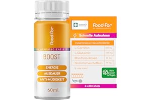 FOODFOR ATP BOOSTer Shot – 60ml – Schnelle Aufnahme, Energie, Anti-Stress & Ausdauer Unterstützung – L-Carnitin, L-Glutamin, Rhodiola Rosea, Natürlicher Koffein – Zuckerfrei, Vegan, 6-Pack