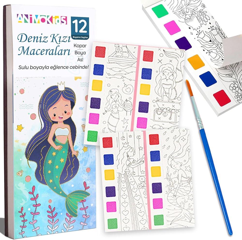 Animokids Renk Paletli Sulu Boya Kitabı + Fırça, 12 Sayfa Boyama Kitabı, Aktivite Boyama Seti, Çocuklar için Yeni Nesil Sulu Boya Defteri (Deniz Kızı)