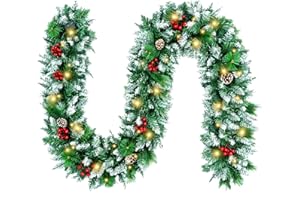 AITSITE Girlanda bożonarodzeniowa ze światłami, girlanda bożonarodzeniowa, dekoracja na kominek, schody, drzwi, bannister, okno, wstępnie oświetlona girlanda ze światłami LED, czerwone jagody i szyszki