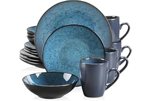 Tafelservice Steinzeug, vancasso 16 teiliges BUBBLE Kombiservice Set aus Steingut, Geschirrset im Vintage Aussehen, Beinhaltet Müslischalen, Kaffeetassen, Dessertteller und Speiseteller für 4 Personen