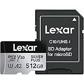 Lexar 512 GB Profesyonel Silver Plus microSDXC Hafıza Kartı w/SD Adapt&ouml;r, UHS-I, C10, U3, V30, Full-HD ve 4K Video, 205/150 M