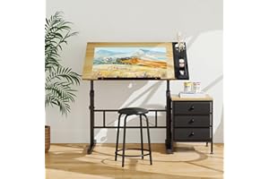 Moziel Tavolo da Disegno Inclinabile da 0 a 60°, Altezza Regolabile con Sgabello, Scrivania per Somputer da Studio di Architettura per Disegnatore Pittore Ingegnere Artista (Colore Legno con Cassetti)