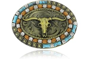 Yjfeshion Oval Long Horn Bull Skull Belt Buckle Native American Vintage Turquoise Wooden Beads Western Cowboy Buckles for Men Gift