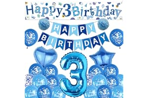 SROEESHEE Sheeshee 3rd Birthday Decorations Boys - Blue Large Happy 3rd Birthday Yard Banner, Stars Number 3 Foil Balloons and Paper Pompoms for 3 Year Olds Party