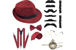 ELECLAND 10 Pieces 1920s Men Costume Accessories Set Roaring Retro Gangster Costume, Hat, Bow Tie, Pocket Watch, Suspender, Glasses, Beard, Armband Garters, Pocket Watch