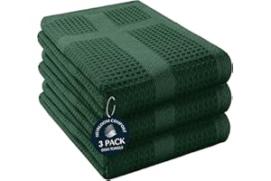 HEIRLOOM COMFORT 3 Pack Waffle Weave Kitchen Towels, 40x66 cm, 100% Cotton, Absorbent Dishcloth Set, Quick Dry, Soft for Cleaning, Wiping, Hand Towels, Dish Rags, Wash Cloth, Durable, Forest Green