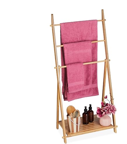 Portasciugamani Da Terra In Bambù Con 3 Sbarre E Ripiano - 51x31x85 Cm, Per Bagno Moderno