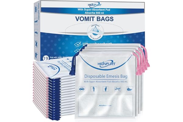 Hionfurt Sacs à Vomi Absorbants Zéro Odeur 19 Packs 900ml, Portables Transformant le Vomi en Gel Anti-Fuite, Anti-Nausées pour Femmes Enceintes, Enfants, Voiture & Mal de Transport