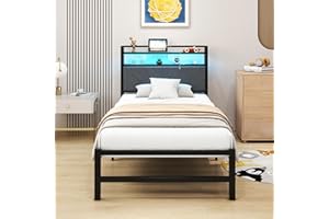 VERFARM 3ft Single Size Bed Frame with LED Lights Storage Upholstered Headboard and Charging Station, Heavy Duty Metal Platform Single Bed Frame, No Box Spring Needed, Noise Free, Easy Assembly