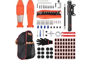 SHYOSUCCE Juego de reparación de 110 piezas y herramientas de reparación de alforjas para bicicleta y herramientas de emergencia, kit de reparación con multiherramientas 17 en 1 para bicicleta, bomba