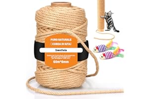 Swetfela Corde en Sisal Naturel de 6 mm(60 mètres), Corde Jute Arbre a Chat avec 2 Souris, Corde de Jute Naturel Chat Accessoire, Poteau de Rechange Arbre a Chat, Jardinage DIY, Décoration de Maison