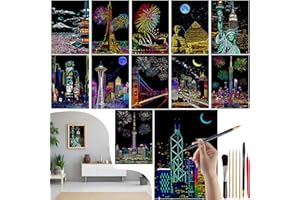 VLYX Arte da grattare per adulti e bambini - Kit con 12 fogli arcobaleno e strumenti per grattare, materiali artistici creativi (Serie Città)