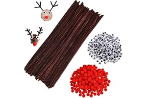 Lrxyfyw 300 Stück Pfeifenreiniger Brauntöne,Pfeifenreiniger Braun zum Basteln Set,Pompons und Selbstklebend Wackelaugen,Pompons und Selbstklebend Wackelaugen,Weihnachten Pfeifenreiniger Set