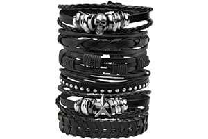 Milakoo Bracelet en cuir noir tressé large bracelet femmes hommes punk bijoux crâne