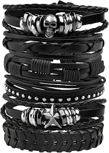 Eigso 6-Pack Braided Leather Bracelets – Adjustable Punk Rock Skull Wristbands For Men & Women