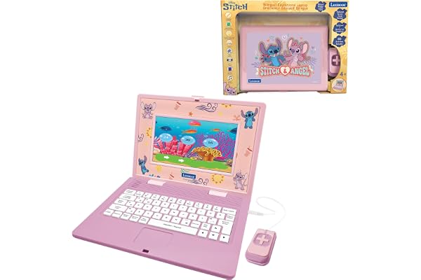 Lexibook, Disney Stitch, Ordinateur éducatif bilingue Francais/Anglais Angel, 180 activités avec écran Couleur 7”, Rose, JC899D1i1