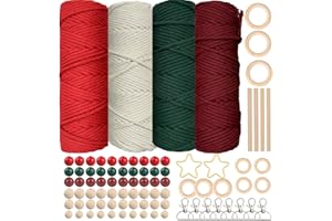 SILARLAIT Kit de Corde Macramé 3 mm pour Noël, 4 Bobines 50m Fils Macramé avec 60 Perles en Bois, 8 Porte-clés, 10 Anneaux, 2 Étoiles 4 Bâtons, Macramé Kit Complet pour Décoration de Noël