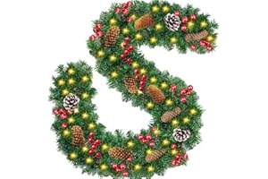 TEWWCEO Guirnalda de Navidad Verde, 2,7 Metros Guirnalda Decorada, Guirnalda Verde Navidad Artificial, con 50 Luces LED y Conos de Pino, Abeto Artificial Guirnalda de Ratán, para Decoración del Hogar