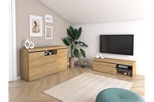 Skraut Home | Set Natural | Comedor | Mueble Auxiliar | Aparador - Mueble TV 120cm | Acabado Color Roble Negro nórdico