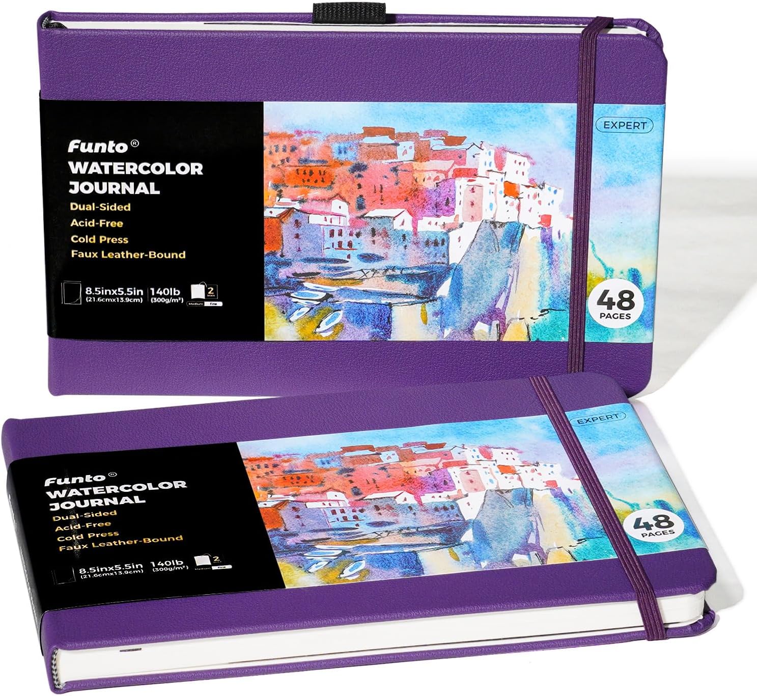 Funto Diario de acuarela, 8.5 x 5.5 pulgadas, paquete de 2, 48 páginas cada uno, cubierta de cuero morado, prensado en frío, bolsillo interior de papel, suministros de arte para medios mixtos