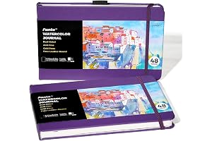 Funto Diario de acuarela, 8.5 x 5.5 pulgadas, paquete de 2, 48 páginas cada uno, cubierta de cuero morado, prensado en frío, bolsillo interior de papel, suministros de arte para medios mixtos