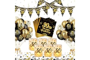 Puosike 30 Geburtstag Tischdeko Mann Frauen, 30. Schwarz Gold Geburtstag Deko Luftballons, 30 Jahr Happy Birthday Partydekorationen Set mit Windlicht Konfetti Servietten Banner