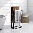 BOFENG Free Standing Towel Rack for Bathroom Towel Stand,2 Tier Metal Floor Standing Towel Rack，Chrome Ladder Towel Racks，Hand Towel Holder Bathroom Accessories Organizer for Bath Storage,Black