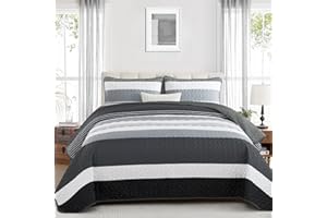 ‎WONGS BEDDING WONGS BEDDING Tagesdecke 240x260 Schwarz Weiß Bettüberwurf Schlieren Decke Steppdecke 3 teilig Doppelbett Gesteppt Bettdecke Mikrofaser Wohndecke mit 2 Kissenbezug 50x75 für Schlafzimmer Sofaüberwurf