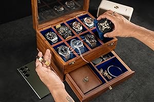 Royal Craft Expertise Boîte à montres en bois de qualité supérieure avec tiroir – Boîtier de luxe pour homme | Peut contenir 8 montres avec accès facile, grand tiroir de rangement et doublure en