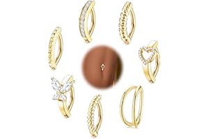 Kakonia 7pcs Anneau De Nombril Acier Chirurgical 14G Clicker Femmes Anneau De Nombril Cz Coeur Papillon Nombril Piercing Simple Inverse Anneau De Barbell Nombril Corps Piercing Bijoux