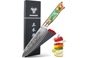 SANMUZUO Coltello Universale Damasco Professionale - Coltello da Cucina 13 cm, Coltelli Universali di Acciaio Damasco da 67 Strati- Impugnatura Ergonomica Resina - Xuan Series(Arancione Fantasia)