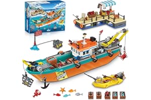 HiWEEGO Città barca da pesca cantiere navale – kit costruzione galleggiante oceano gru container, giocattolo regalo compleanno 6 7 8+