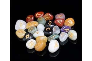 Crocon Mix Chakra Elder Futhark Alphabet Graviertes Symbol Runensteine ​​25-TLG. Set für Feng Shui Reiki Crystal Healing Balancing Spiritual Metaphysical Decor Größe: 15-20 mm mit einem Beutel