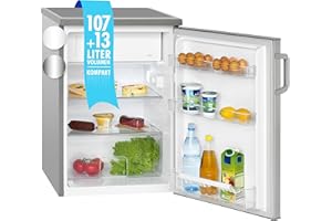 Bomann Kühlschrank mit Gefrierfach | Getränkekühlschrank mit 120L Nutzinhalt und 2 Glasablagen | Türanschlag wechselbar | kleiner Kühlschrank mit stufenloser Temperaturregelung | KS 2194.1 inox