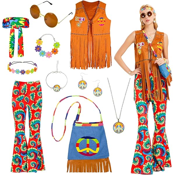 Costume Hippie Anni 70 - Set 16 Pezzi Con Parrucca, Occhiali E Collane | Per Carnevale E Halloween - Foto 10