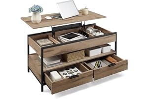 ‎VASAGLE VASAGLE Couchtisch, höhenverstellbarer Wohnzimmertisch, Kaffeetisch, mit Schubladen, offenes Fach, 50 x 100 cm, Kamelbraun-tintenschwarz LCT209K02