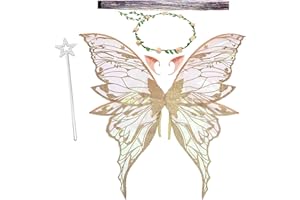 JIAHUADE Alas de Hada, Fairy Wings, Alas de Hadas para Niñas, Diadema de Hada y Varita de Hada Estrella,Orejas de Elfo,Adecuado para Diversos Festivales y Fiestas de cumpleaños,Cosplay,Carnaval (Oro)