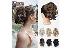 REECHO Ponytail Extension, 9" Claw Clip in Short Curly Wavy Pony Hair Extension Jaw Clip on Pony Tail HP001 Hairpiece for Women - Chocolate Brown with Highlights